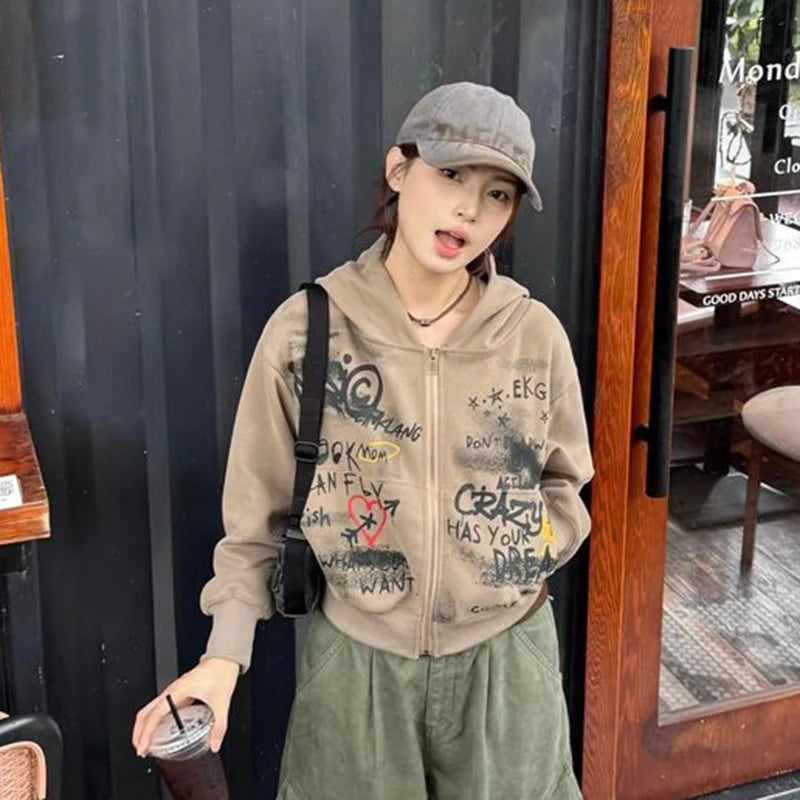 Y2K Vintage Hooded Sweatshirt Women Spring New Letter Print Zipper Jacket American Retro Streetwear Crop Tops Female Coat