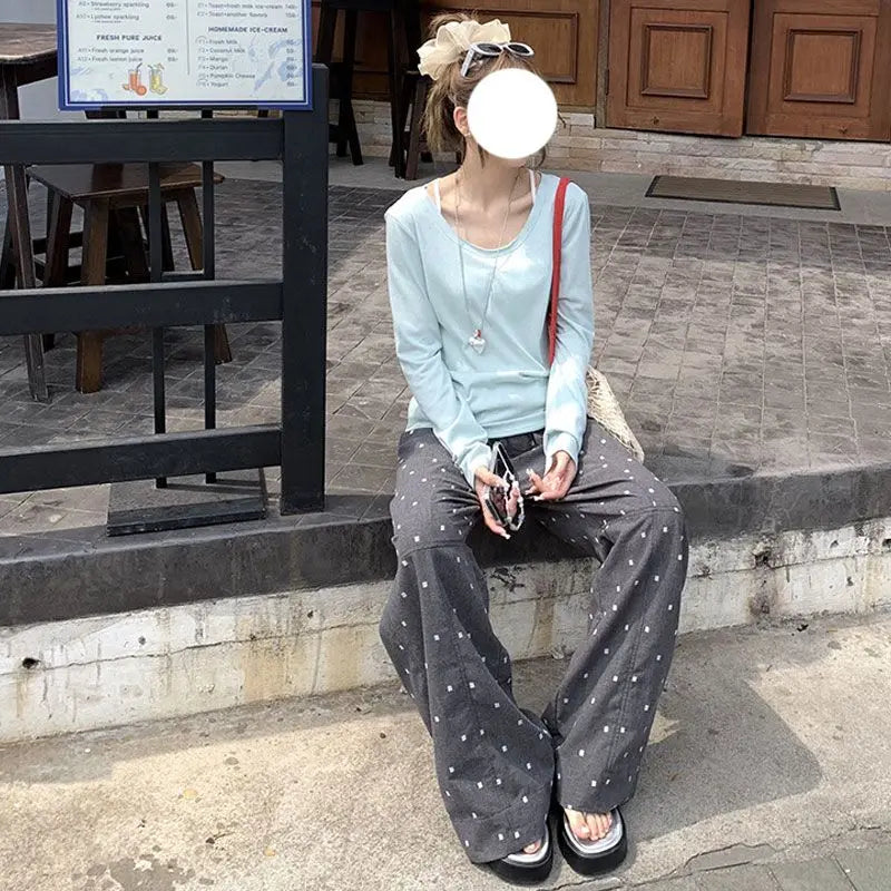 2025 Summer Hot Retro Internet Celebrity Korean New Straight Tube Loose Wave Embroidery Casual Pants Trend