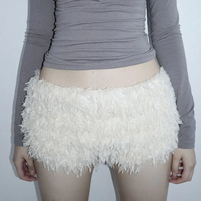 White Sweet Knitted Furry Super Mini Shorts for Women Winter Warm Low Waist Hot Pants Women Sexy Wrap Hip Slimming Leggings