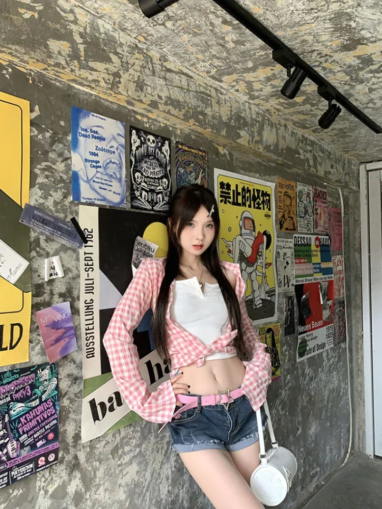 Y2k Pink Plaid Women Shirts Check Graphic Long Sleeve Blouses Female Spring Autumn Sexy Slim Button Up Cardigan Chic Ins