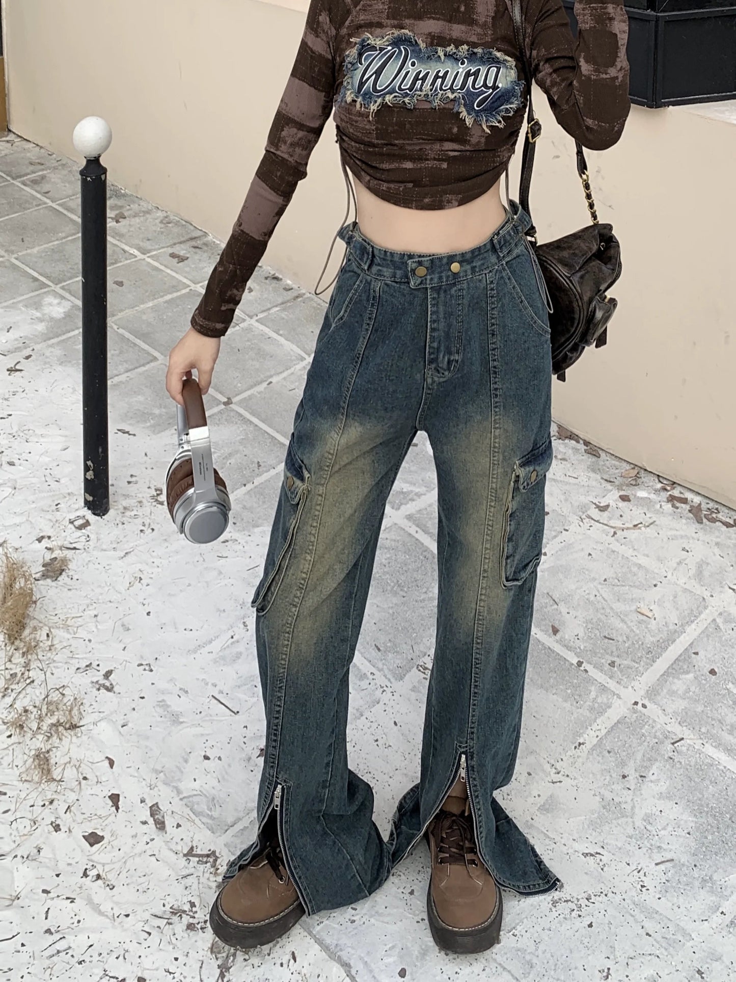Blue Cargo Pants Women High Waist Washed Jeans American Retro High Street Flared Wide Leg Split Trousers with Zipper New