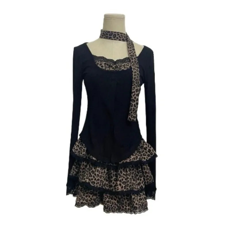 Sweet Hot Girl Suit Women's Autumn Longsleeved Slim Cardigan Leopard Print Aline Skirt Twopiece Set Fashion Female Clothes