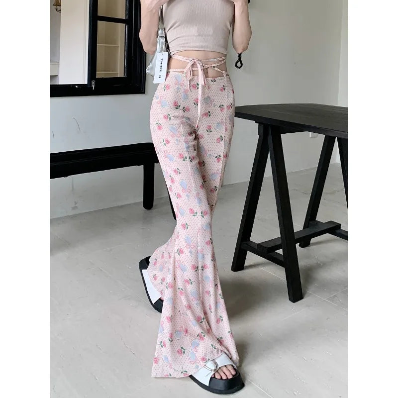 2024 Summer Vintage Korean Retro High Street Print Laceup Waist Trousers Streetwear Fashion Flare Pants