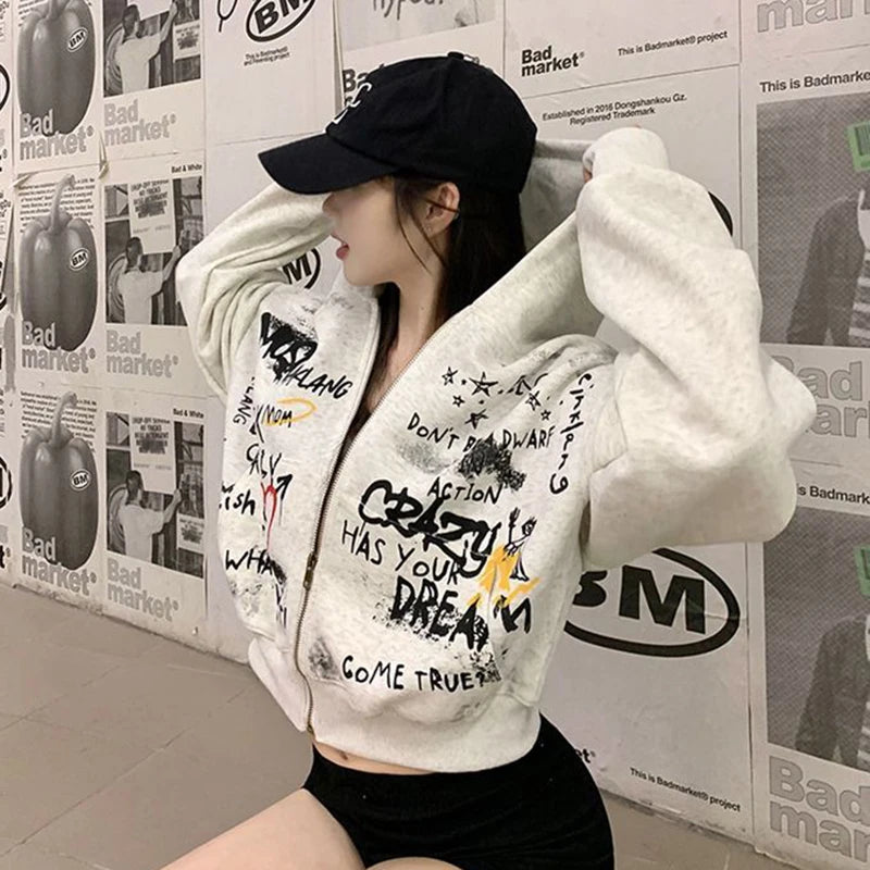Y2K Vintage Hooded Sweatshirt Women Spring New Letter Print Zipper Jacket American Retro Streetwear Crop Tops Female Coat