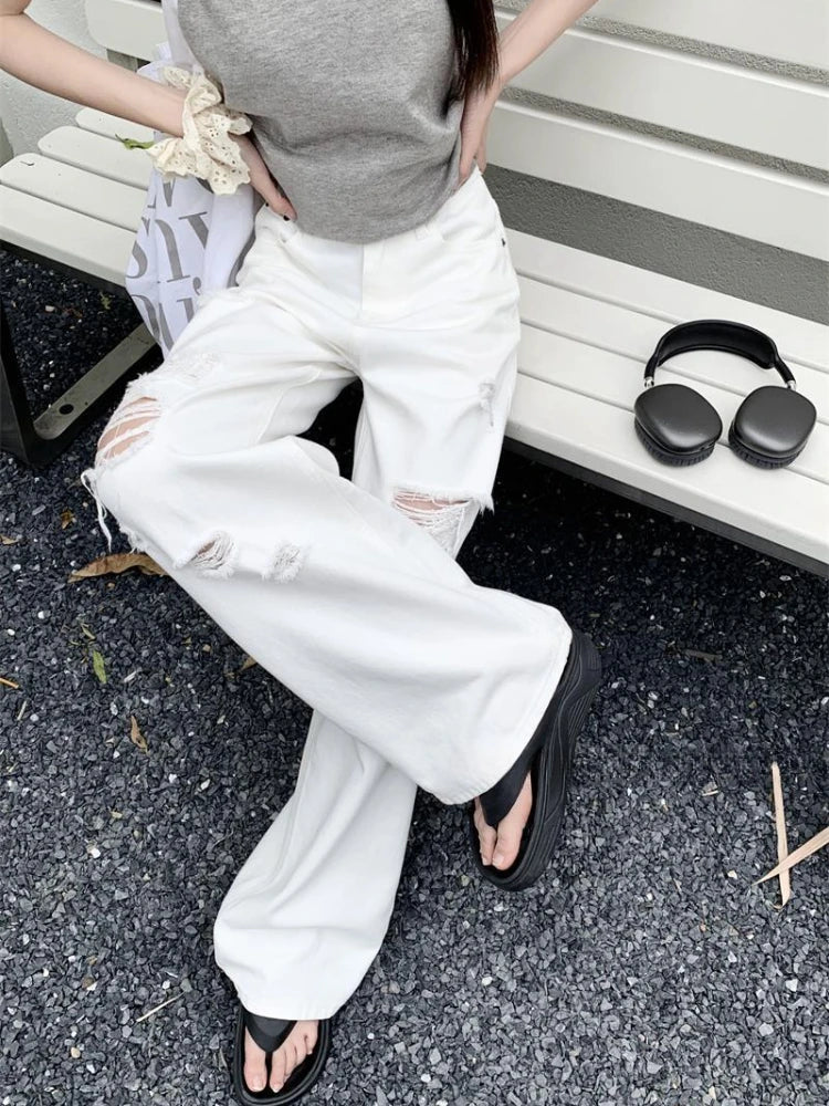 Basic White Ripped Jeans Women Jeans High Waisted Cowboy Pants Oversized Streetwear Denim Trousers Y2k Hip Hop Clothes