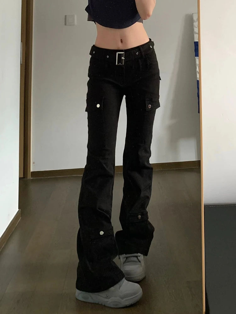 Woman Casual Stretch Jeans Low Waist Denim FloorLength Multiple Pockets Dark Academia Pants Baddie Style Japanese Fashion