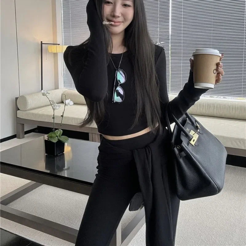 Autumn New Streetwear Laceup Solid Color Casual Wide Leg Pants Women + Sexy Slim Longsleeved Tshirt Twopiece Suit