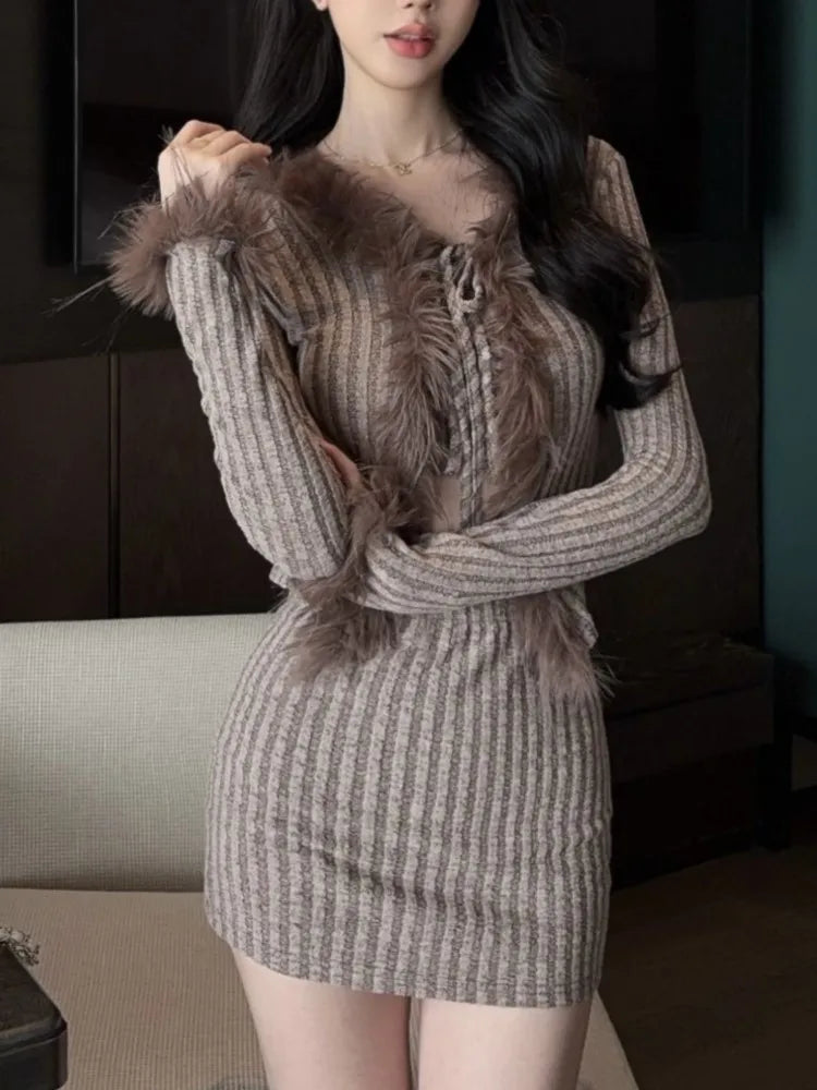 Y2K Solid Knitted Skirt Suits Sweet VNeck Bandage Cardigan Short Top Elastic Waist Mini Skirt Womens Two Pieces Set New Outfits