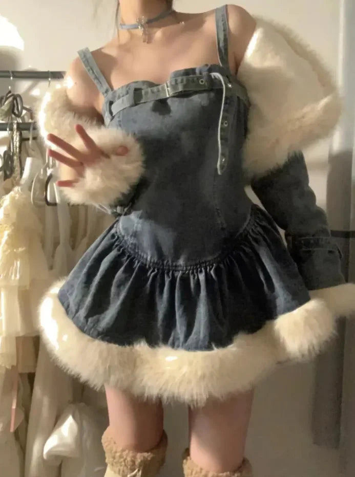Autumn Winter Korean Temperament Sexy Patchwork Plush Denim Jacket + Slip Dress Pants Slimming Versatile 2 Pieces Set