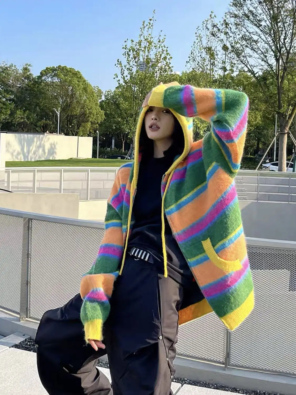 Women Retro Rainbow Striped Knitted Sweater Cardigan 2024 Color Blocked Casual Versatile Autumn Winter Hooded Jacket