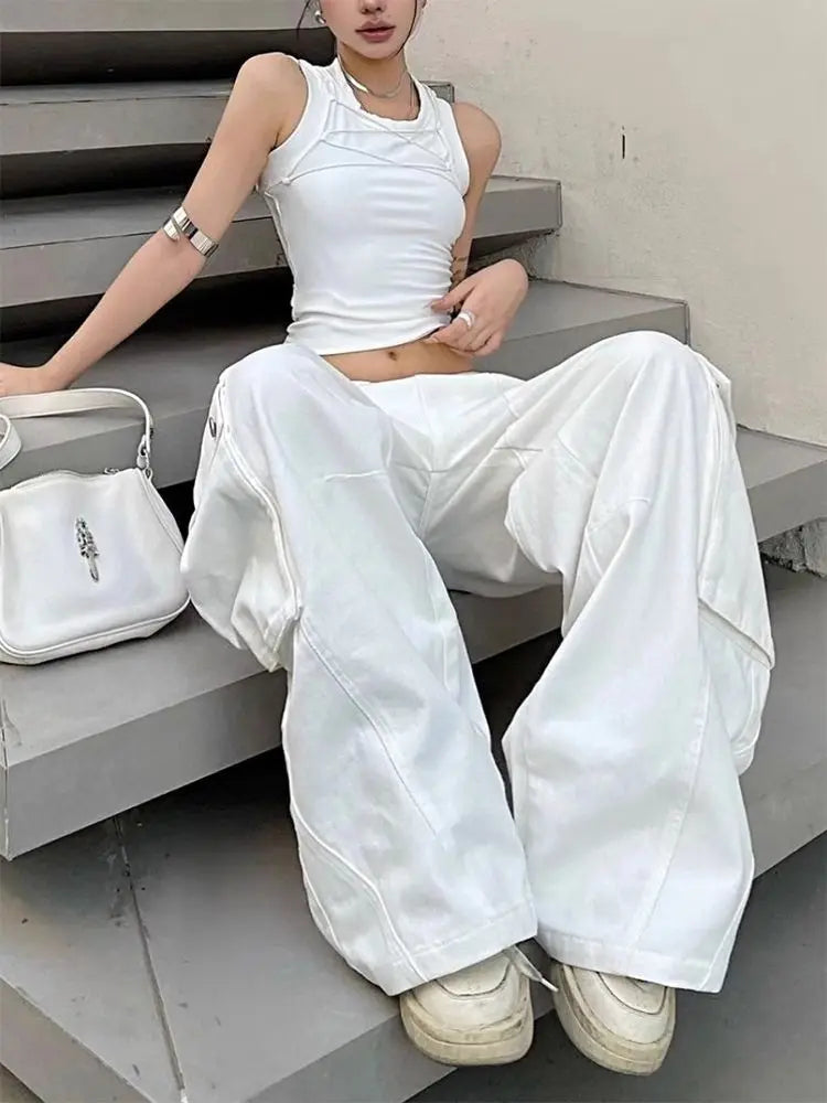 Women Low Waist Denim Pants Y2k Vintage Loose Korean Style Straight Wide Leg Cargo Jeans Harajuku Causal Ladies Trousers