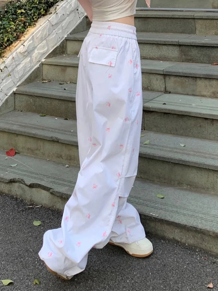 Y2k Parachute White Jogger Pants Women Baggy Bow Printed Sweatpants Hip Hop Streetwear Fashion Slouchy Sporty Bottoms