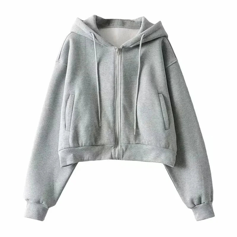 autumn spring women's Zip up hoodies pockets slim crop top women jacket female clothes drawstring white sexy hoody cotton coats