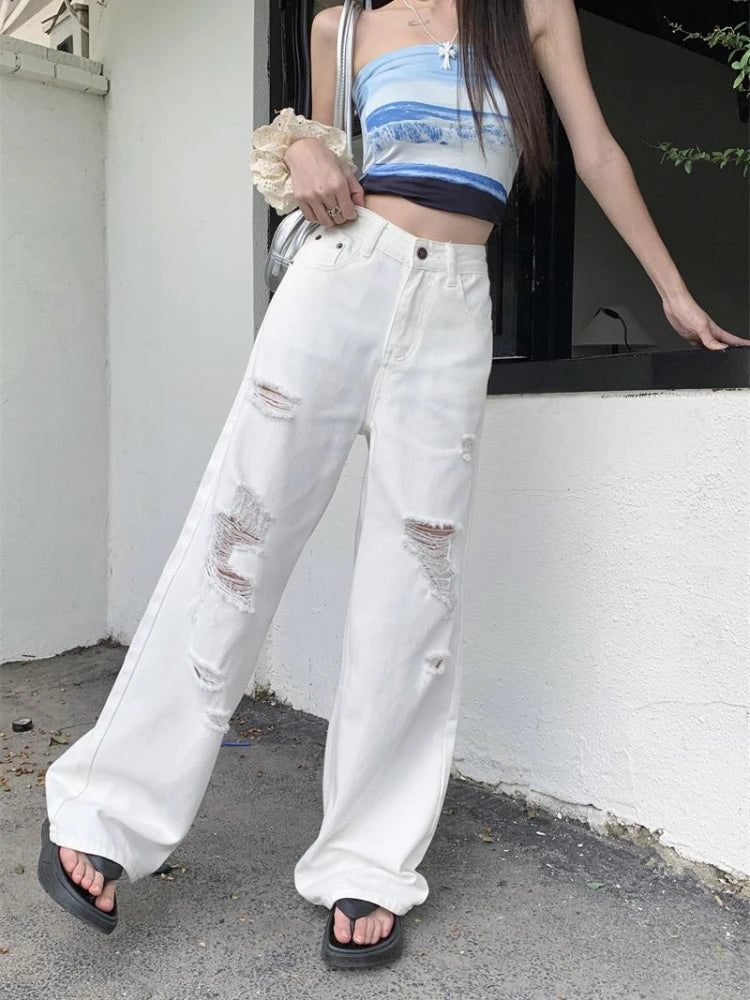 Basic White Ripped Jeans Women Jeans High Waisted Cowboy Pants Oversized Streetwear Denim Trousers Y2k Hip Hop Clothes