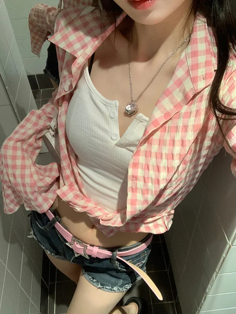 Y2k Pink Plaid Women Shirts Check Graphic Long Sleeve Blouses Female Spring Autumn Sexy Slim Button Up Cardigan Chic Ins