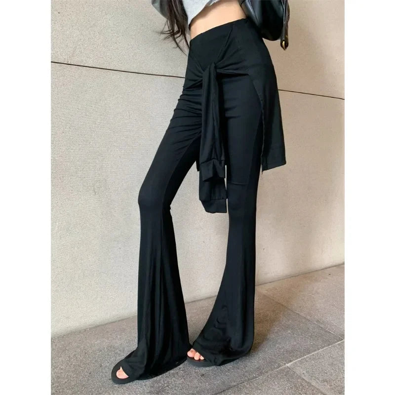 Autumn New Skew Collar Strapless Casual Long Sleeve Tshirt Women + Pleated Laceup Sexy Slim Wide Leg Pants Twopiece Suit
