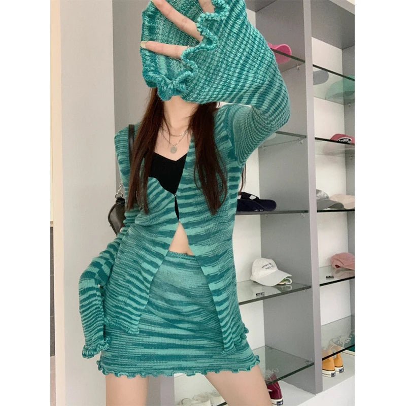 Y2k Orange Striped Suit Fungus Edge Longsleeved Knitted Cardigan Women's Autumn Short Skirt 2piece Set