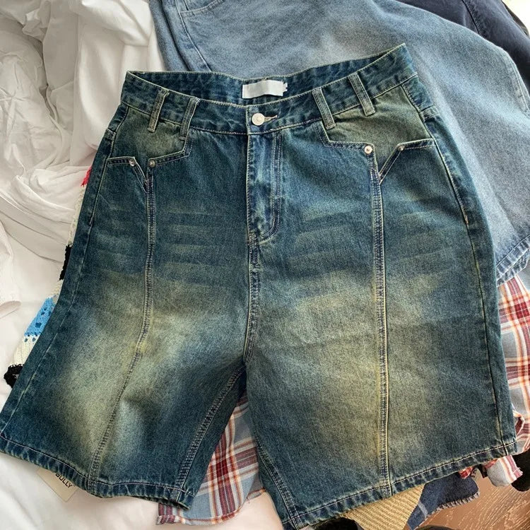 Vintage Washed Denim Shorts for Women 2024 Summer New Loose Wide Leg Jeans Y2k EGirl High Waist Straight Fivepoint Pants