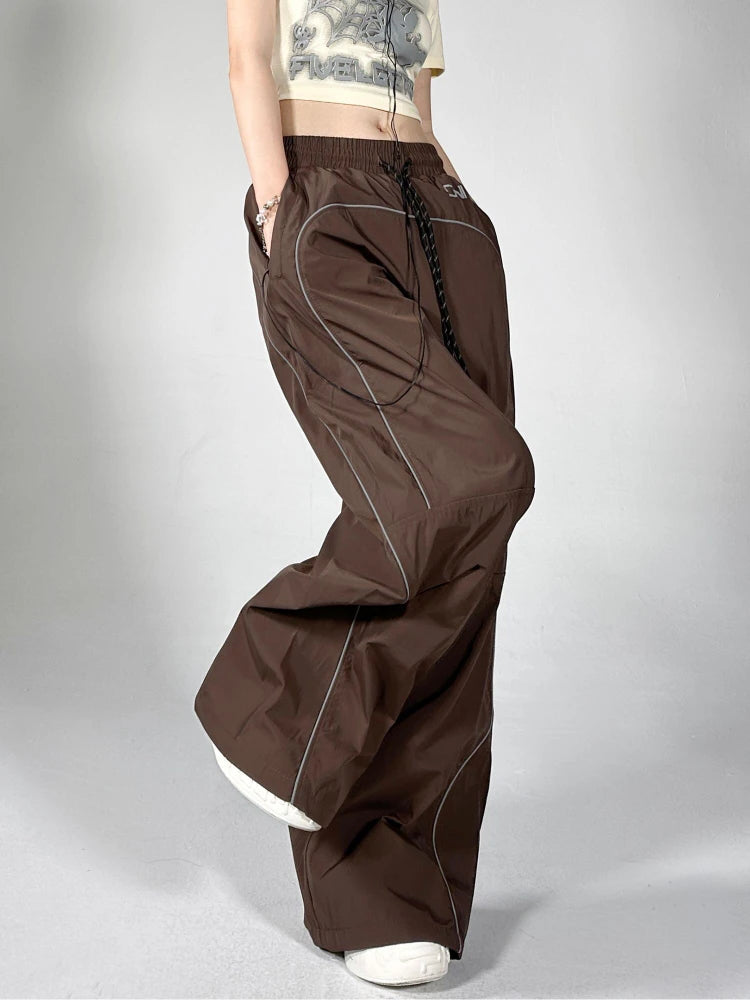 Women's Palazzo Pants Streetwear Fashion Reflective Stripe Jogger Wide Leg Trousers Y2k Baggy Sweatpants Female Pantalon