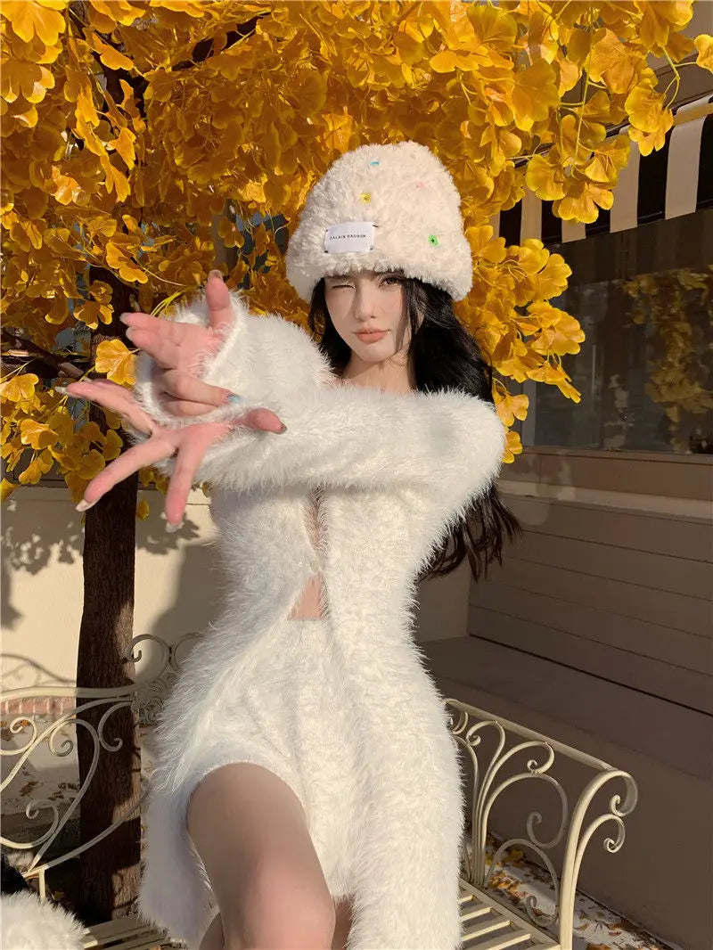 Sweet hot girl pure sexy suit women's autumn knitted cardigan high waisted slim fit shorts twopiece set fashion female clothes