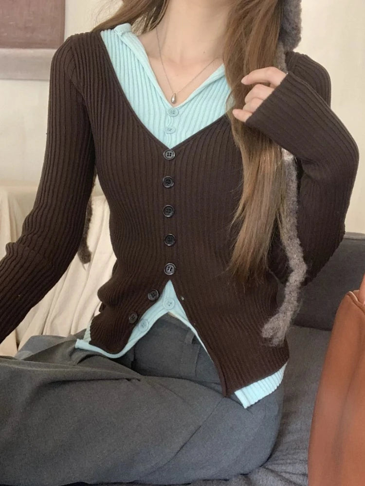 Y2K Brown and Mint Green Fake Two Pieces Knitwear Slim Button Up Cardigan Autumn Winter Ribbed Sweater Women Korean Chic