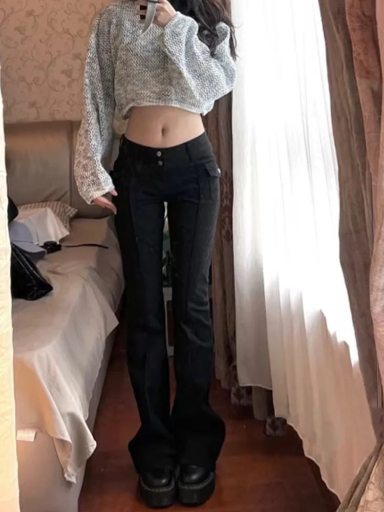 Casual Women Black Flared Pants Summer Fashion Ladies Low Waist Pockets Ornamnet Solid Color Pants Female Chic Bottoms