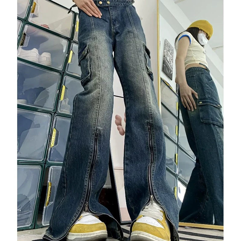 Blue Cargo Pants Women High Waist Washed Jeans American Retro High Street Flared Wide Leg Split Trousers with Zipper New
