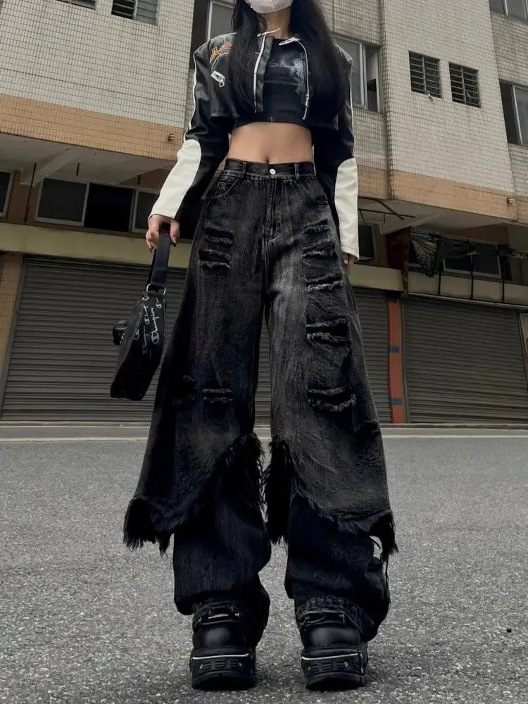 Washed Do Old Ripped Jeans Women Streetwear Hip Hop Retro Oversize Spliced Straight Denim Pants Y2k Causal Mujer Bottoms