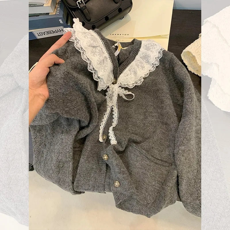 Sweet Fashion Kawaii Sweater Gray Lace Doll Neck Knit Cardigan Women's Clothing Autumnwinter Soft Lazy Vneck Coat
