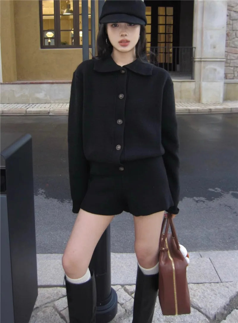 Sweet Hot Girl Casual Suit Women's Autumn/Winter Sweater Peter Pan Collar Knitted Cardigan High Waist Shorts Twopiece Set