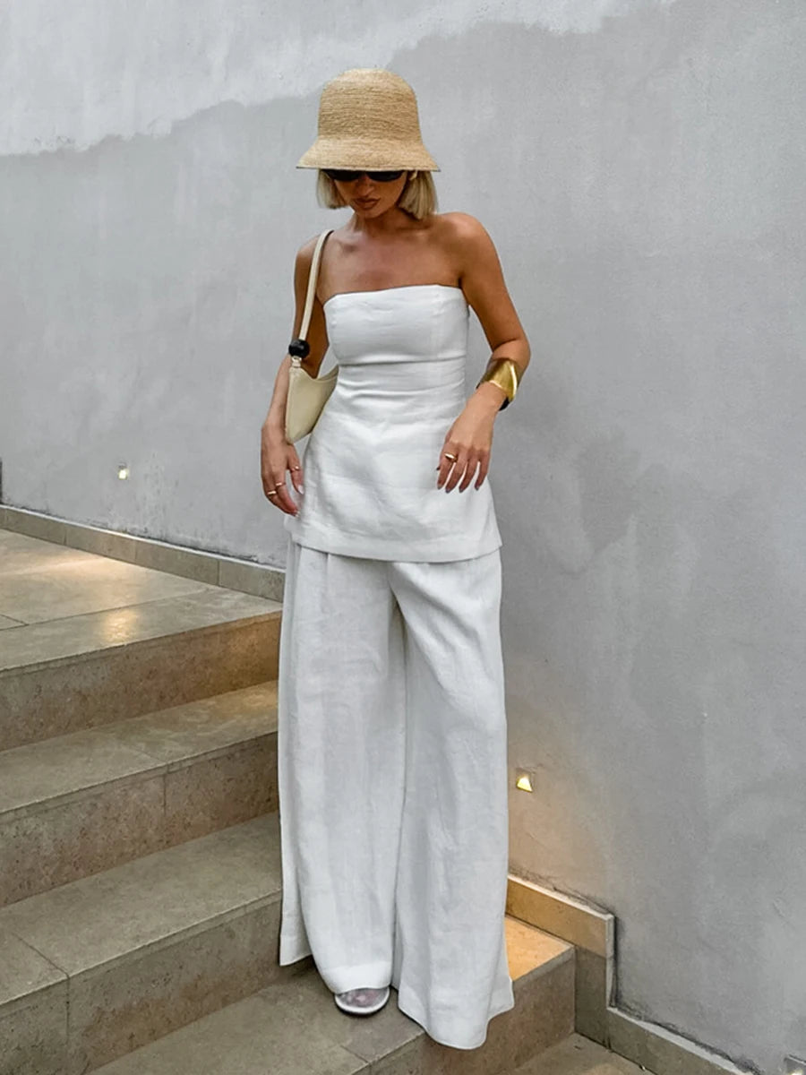 White Simple Wide Leg Pants Sets Women Summer New Off Shoulder Sleeveless Tube Tops Streetwear Fashion Casual Pants 2 Piece Set