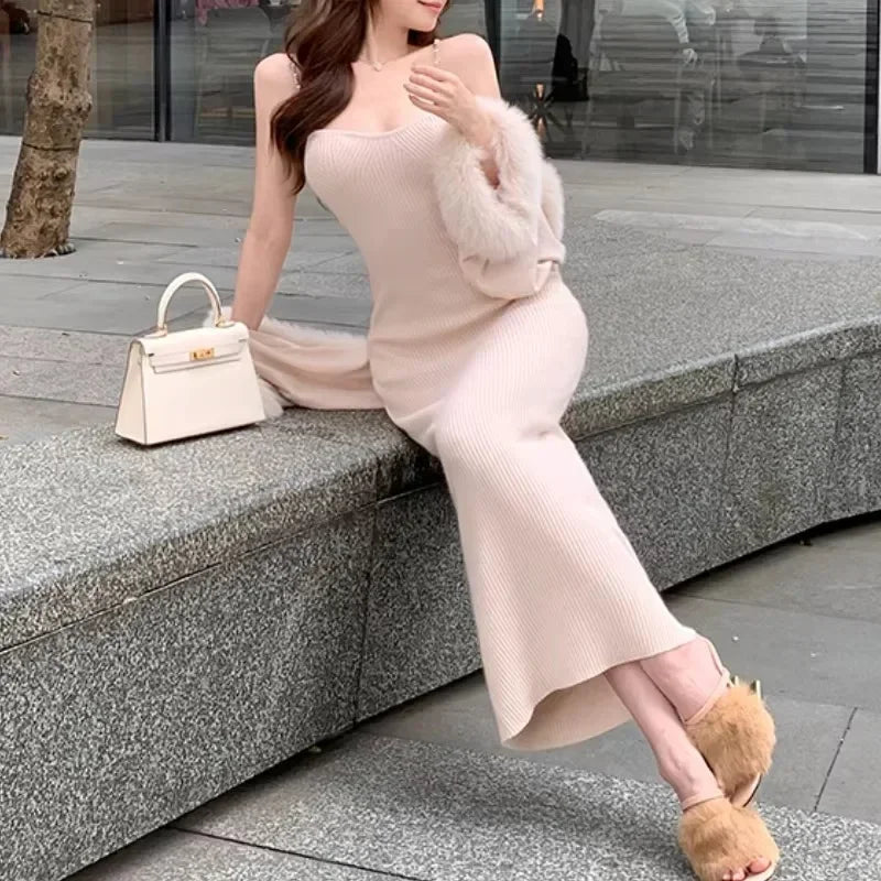 Autumn New High Street Solid Color Casual Threaded Chain Knit Dress Women + Loose Plush Spliced Cardigan Twopiece Suit