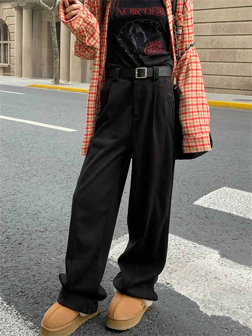 Chic Solid New Winter Pants Women Thicken Warm 2024 Work Wear Loose High Waist Straight All Match Streetwear Daily