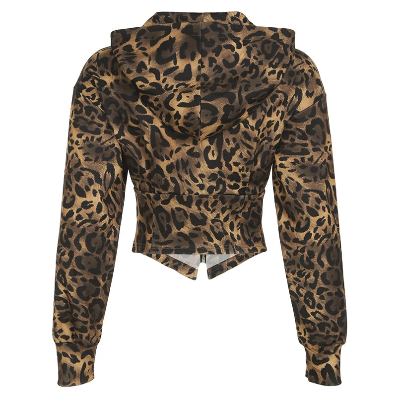 Autumn New Zip Up Hooded Women��s Sweats Long Sleeve Binding Waist Leopard Streetwear Hoodies Gyaru Baddie Y2k