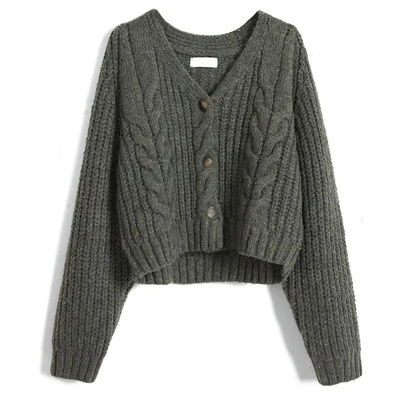 Women Solid Long Sleeve Cardigan Crochet Sweater Autumn Winter Casual Korean Vneck Single Breasted Short Tops Chic Streetwear