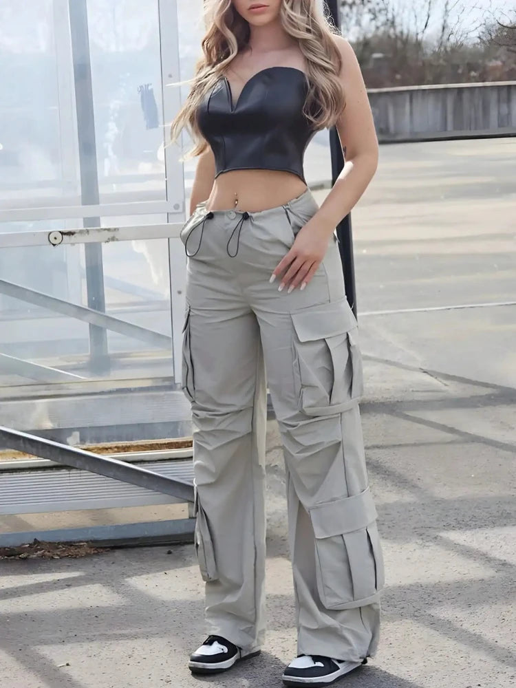 Women Y2k Cargo Pants Multiple Pocket Patchwork Drawstring Ruched Casual Summer Loose Jogger Wide Leg Pants High Street