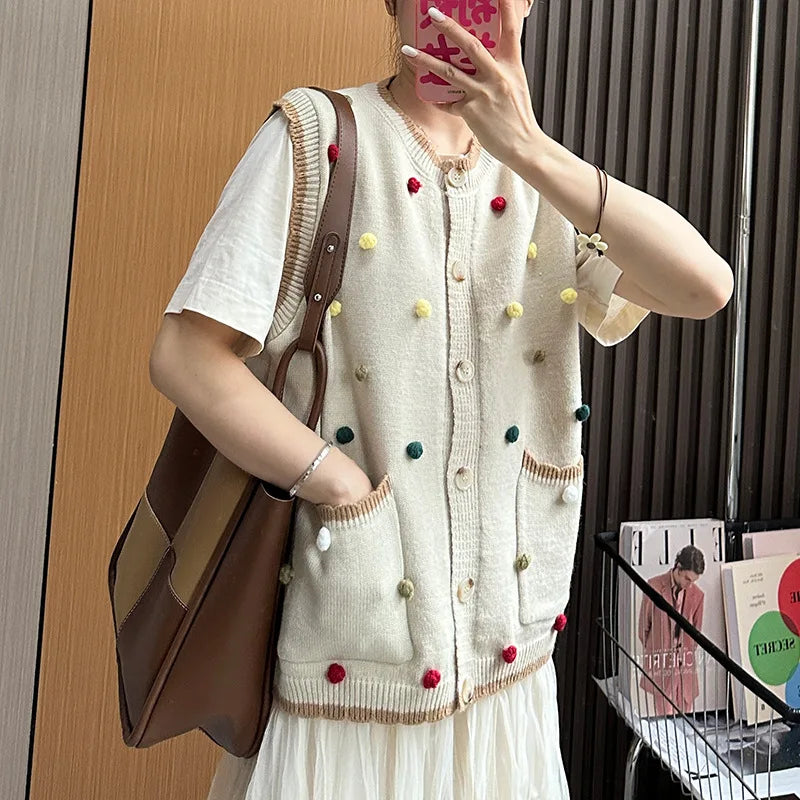 Autumn New Vintage Sweater Vest Women Chaleco Mujer Japanese Loose Cardigan Waistcoat Sweet Wave Point Knitwear Top