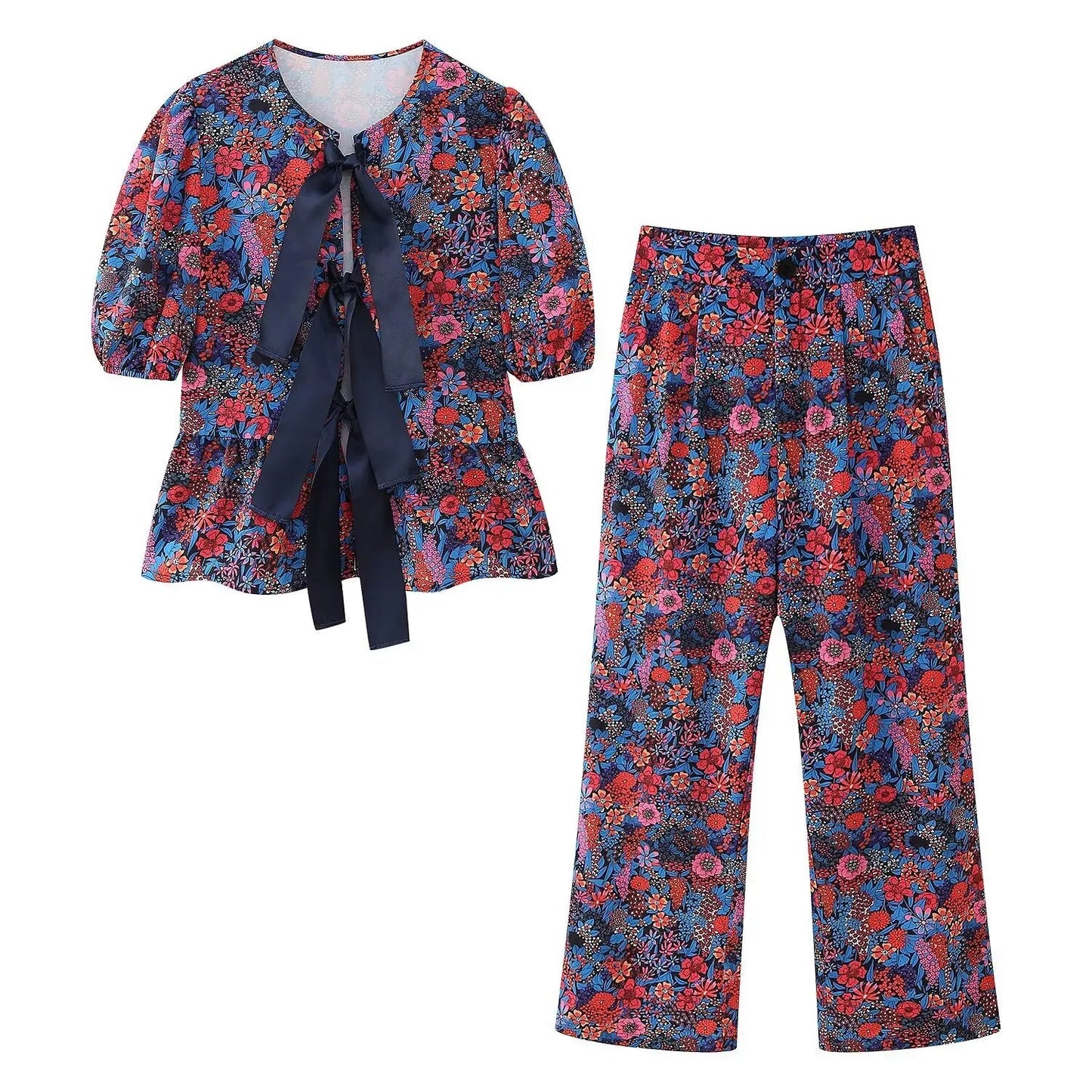 Women 2 Piece Set Vintage Printed Lace Up Blouse Top Casual ONeck Short Sleeve Tshirt Loose High Waist Wide Leg Pant