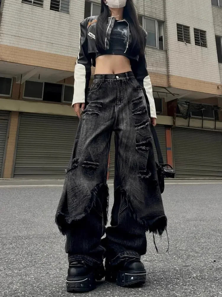 Washed Do Old Ripped Jeans Women Streetwear Hip Hop Retro Oversize Spliced Straight Denim Pants Y2k Causal Mujer Bottoms