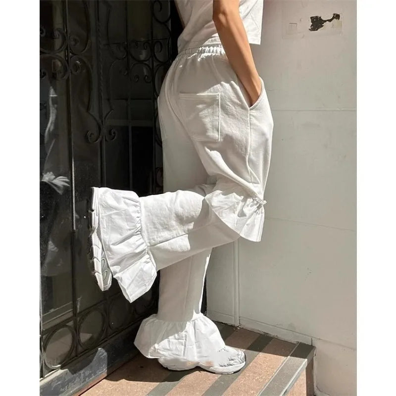 Vintage Korean Retro Ruffled Stitching Drawstring Casual Pants Women Spring and Summer Chic White Flare Pants
