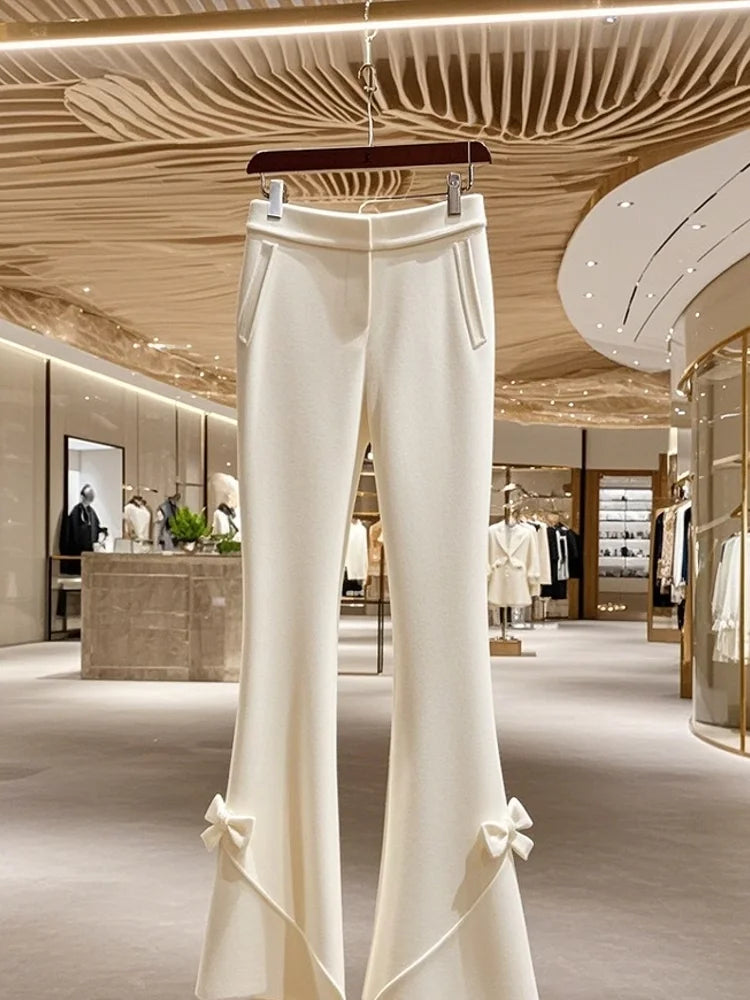 Winter Thick High Waist White Knitted Pants for Women Korean Fashion Sweet Bow Slimming Straight Tube Flare Pants Women Trousers