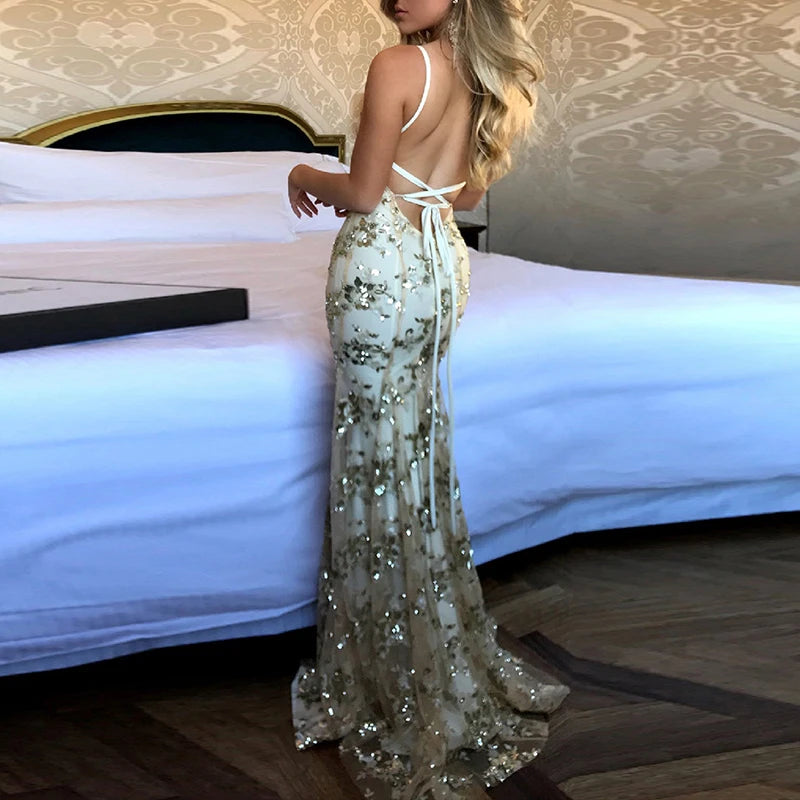 Women Vneck Glitter Sequin Shiny Club Party Dress Spring Crisscross Tie Up Long Mermaid Dress Summer Hollow Sling Maxi Dresses