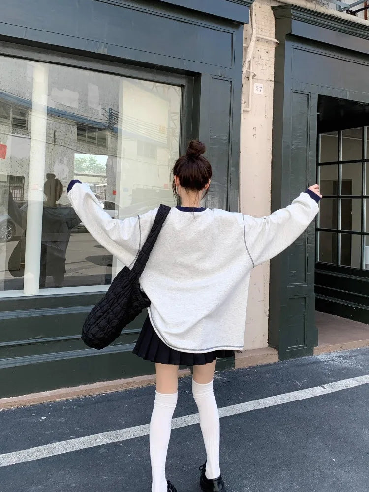 3D Bow Contrast Color Hoodies Round Neck Gray Sweatshirts Autumn Korean Fashion Loose Agereducing Cat Print Loose Top