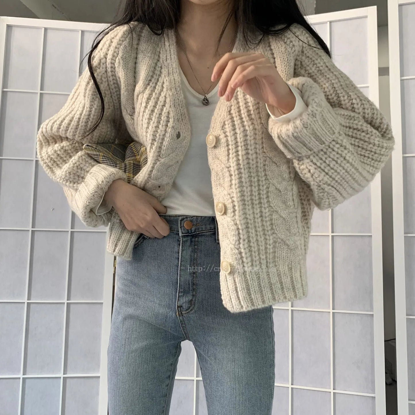 Women Solid Long Sleeve Cardigan Crochet Sweater Autumn Winter Casual Korean Vneck Single Breasted Short Tops Chic Streetwear