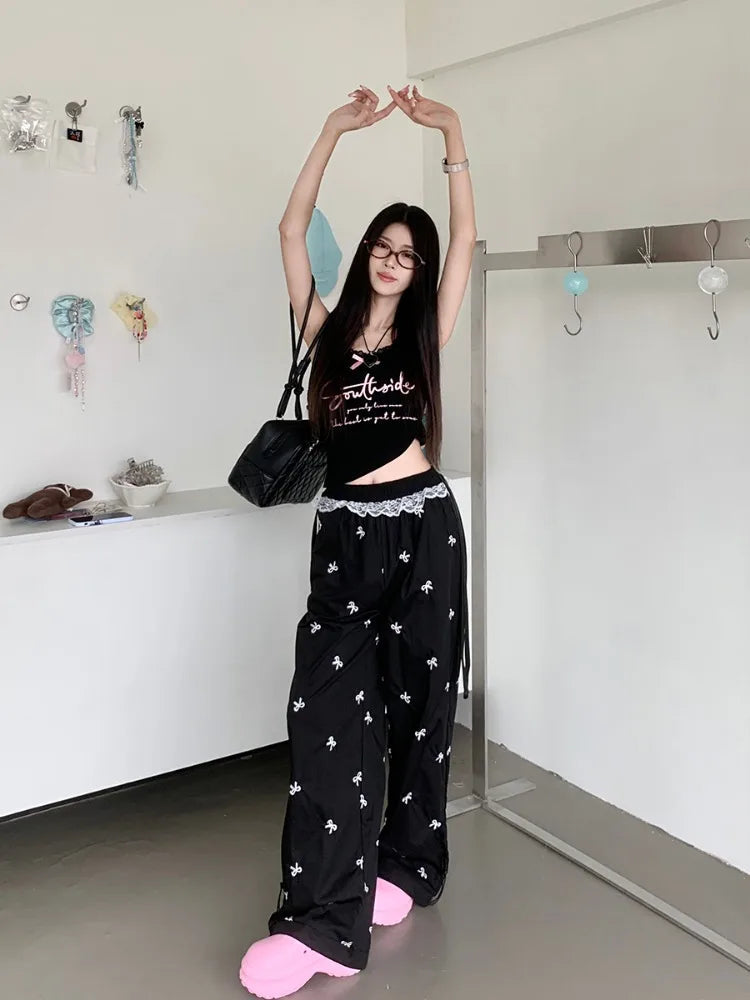 Y2k Coquette Bow Embroidery Wide Leg Pants Women Korean Style Kawaii Sweet Lace Patchwork High Waist Loose Pants Y2k
