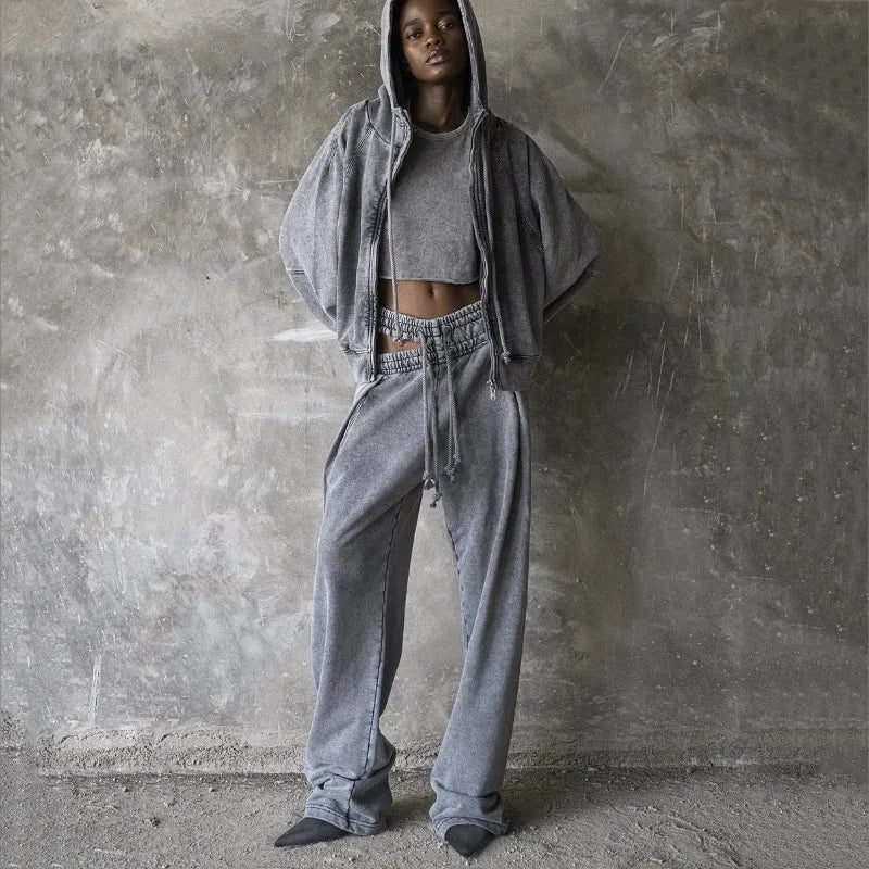 Sweatpants Women Gray Loose Casual Wide Leg Trousers Hollow Out Streetwear Vintage Female Clothing