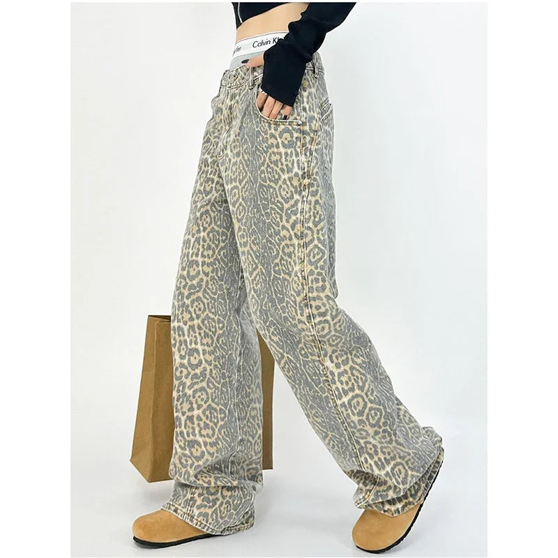 American Retro High Street Casual Overalls Leopard Print Loose Wide Leg Pants For Women Y2k Hiphop Cargo Grunge Baggy Trousers