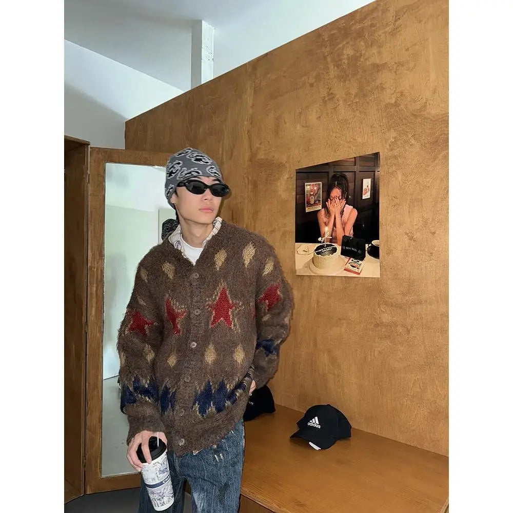 American Retro Christmas Star Knitted Cardigan for Men and Women Round Neck Couple Sweater Soft Plush Coat Sweaters Women Top