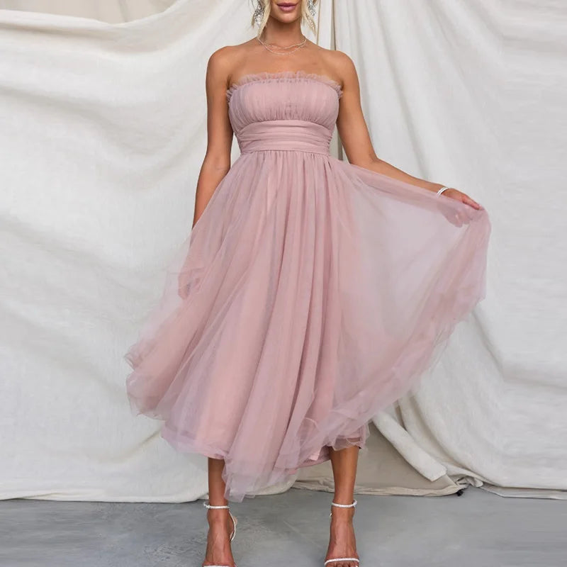 Women Fashion Bralette Mesh Long Dress Summer Elegant Hight Waist Solid Princess Dress Casual Sleeveless Party Evening Dresses