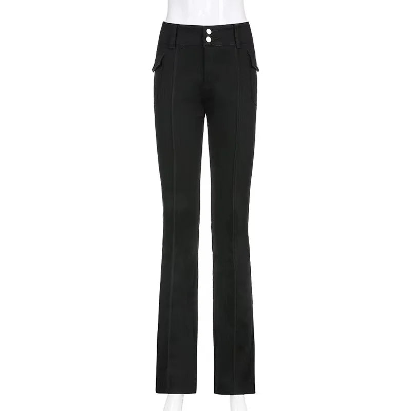 Y2K Brown Flared Jeans Solid Color Pocket Kawaii Trousers Low Waist Aesthetic Jogging Pants Women's Casual Basics